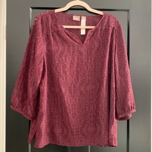 Chicos Sheer Dark Burgundy V-Neck Blouse w/3D Detailing.3/4 Sleeves. Size 2=12